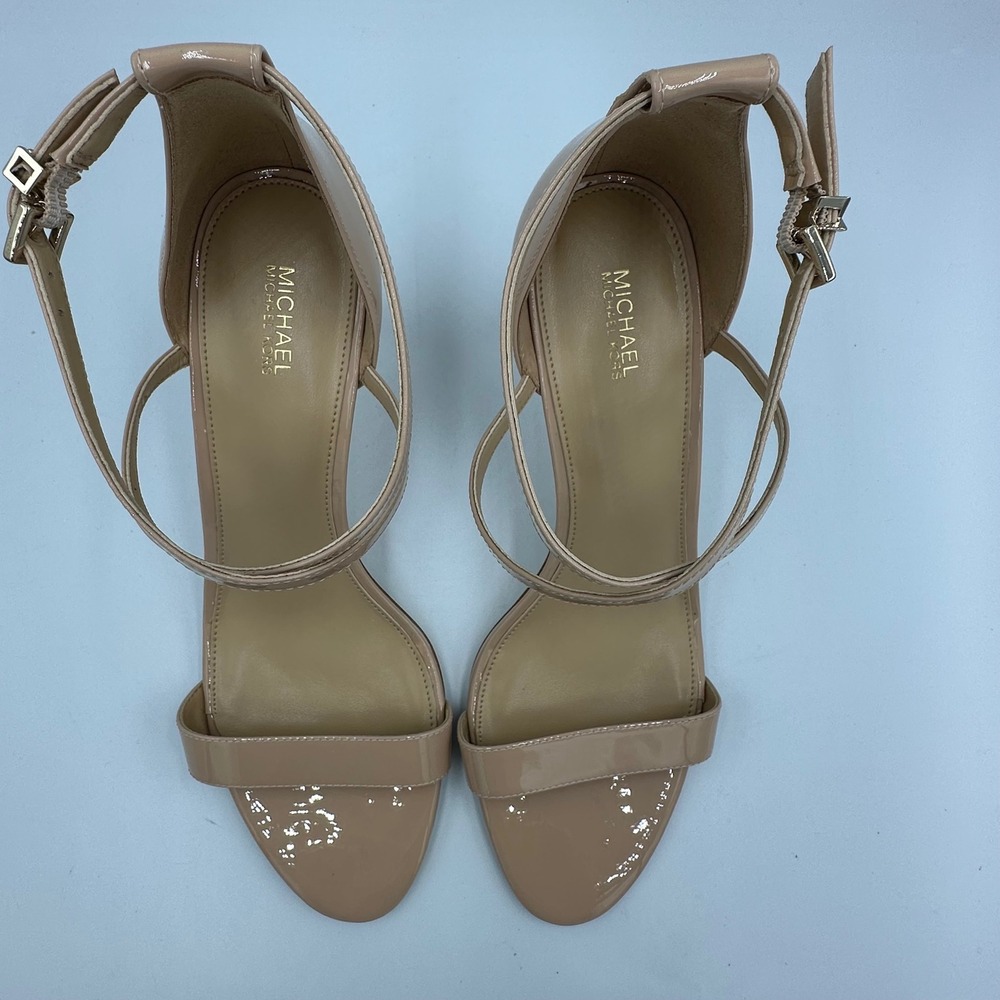 Michael Kors Ava Mid Patent Blush Strappy Heels Sz 11 Nude Minimalist Sandal NIB - Picture 6 of 11